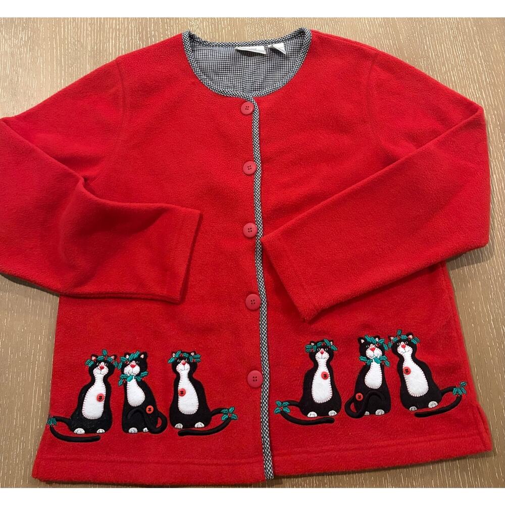 Vintage Christmas Fleece Button Baxter Wells Cat mistletoe Red Small Cardigan